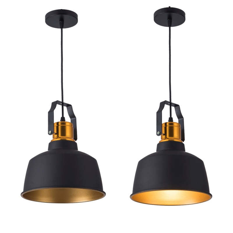 Black dome pendant shown unlit and lit with a warm metallic interior against white