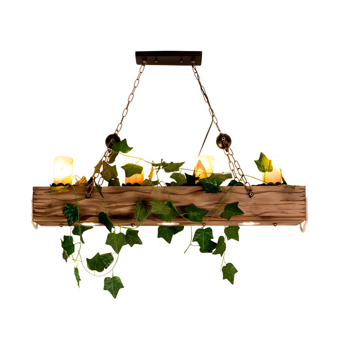 Austin rectangular beam pendant with four upper candle-style forms, leafy decoration and two chains.