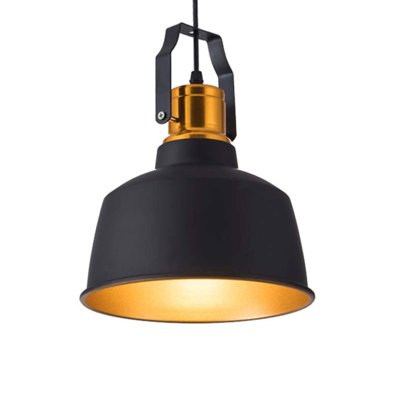 Close view of black bell shade, brass-tone neck and angular black bracket with side bolt