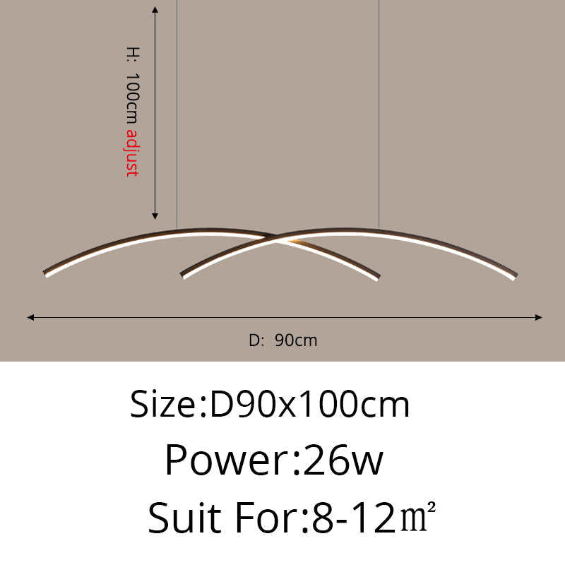 Black Louise Curved Line guide showing 90 cm span, 100 cm adjustable upper suspension, 26 W and an 8–12 m² room suggestion