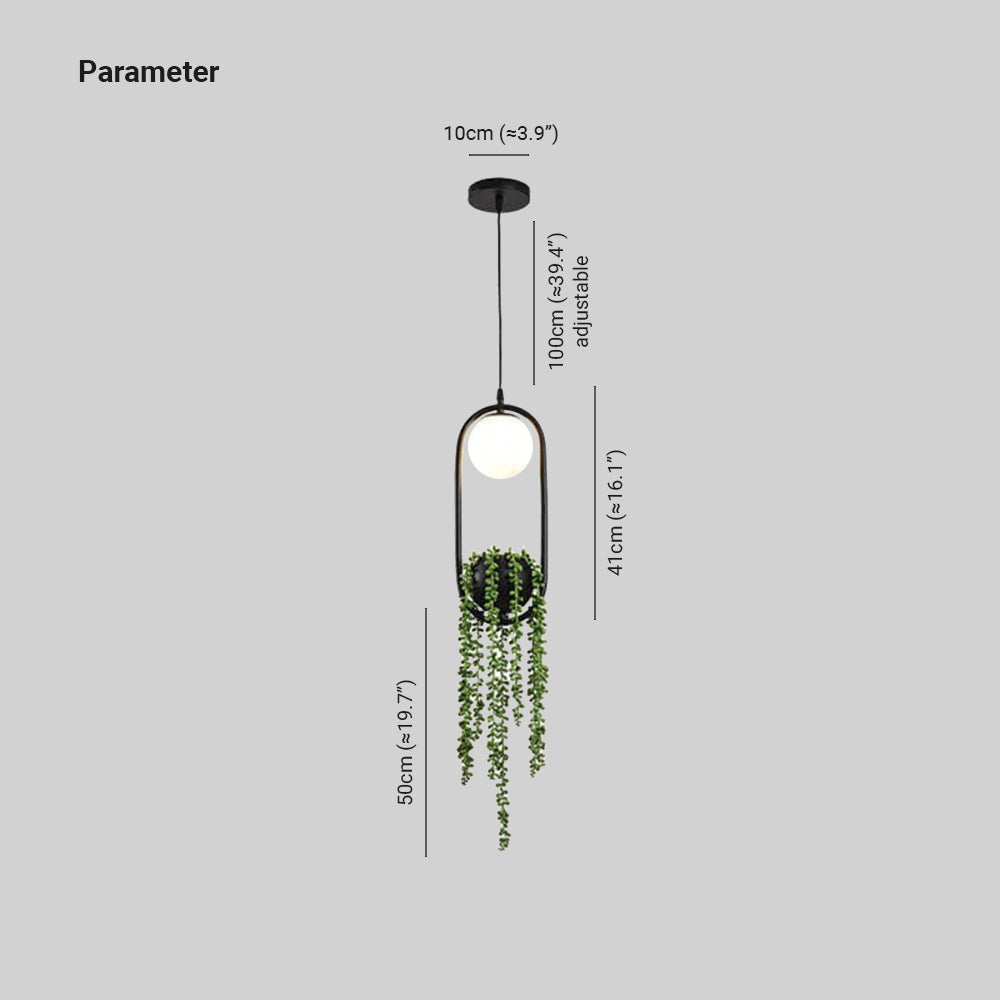 Pendant dimension diagram showing canopy, cord, frame body and trailing plant decoration measurements