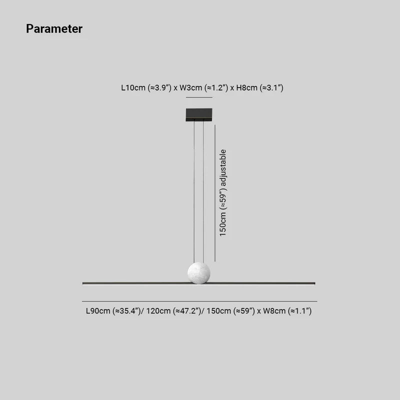 Edge dimension image shows 90, 120 and 150 cm bar lengths with an adjustable 150 cm suspension label.