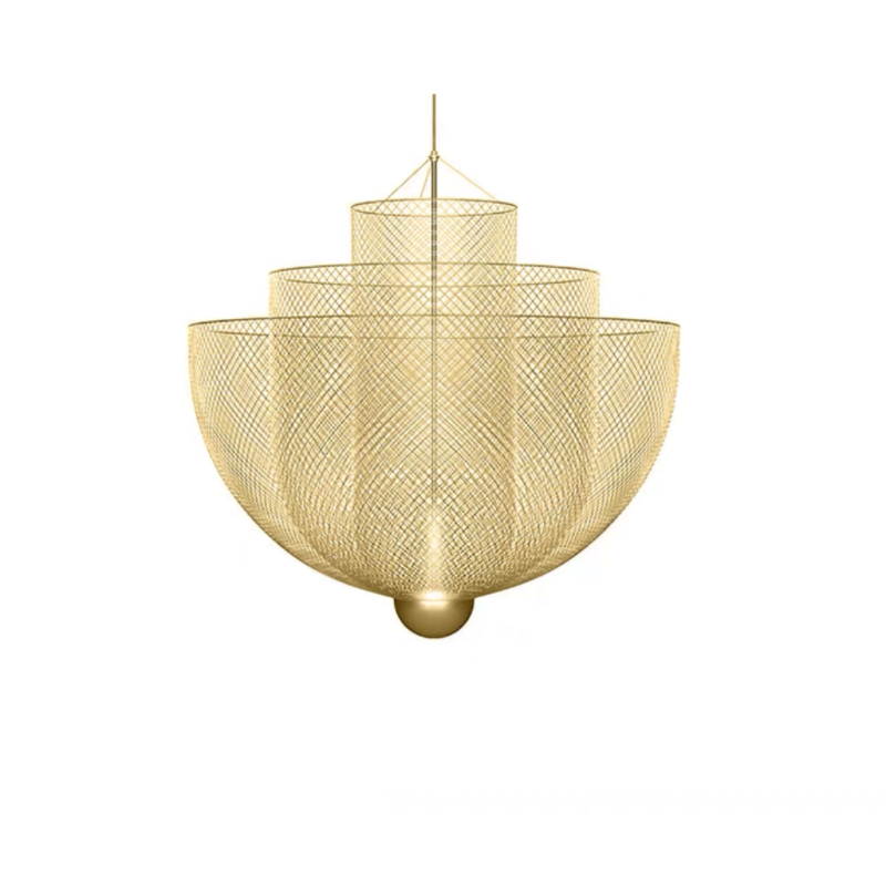 Gold mesh pendant with nested cylinders and rounded bowl