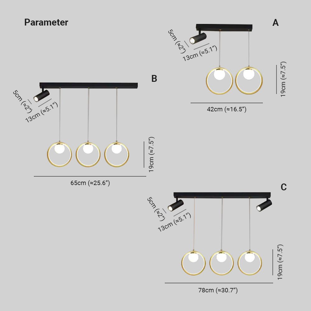 Madina drawings compare ring and spotlight layouts labelled A, B and C with dimensions.