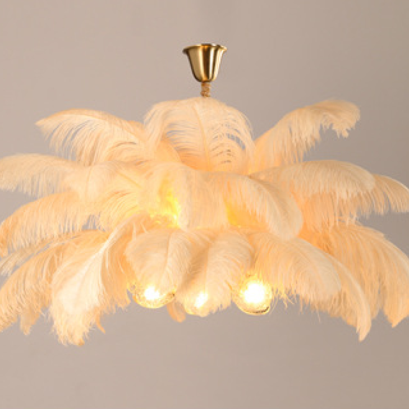 Champagne O'Moore option with pale cream feathers, lit globes, gold-toned canopy and wrapped cord
