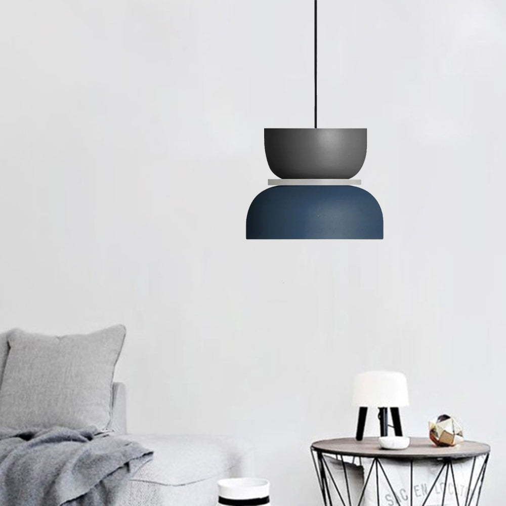Morandi Gray Blue bowl-and-dome pendant beside a gray sofa above a wire-frame side table with a small lamp