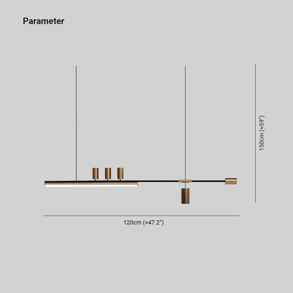 Edge guide showing 120 cm horizontal span and 150 cm vertical hanging dimension beside the black bar and gold-tone cylinders