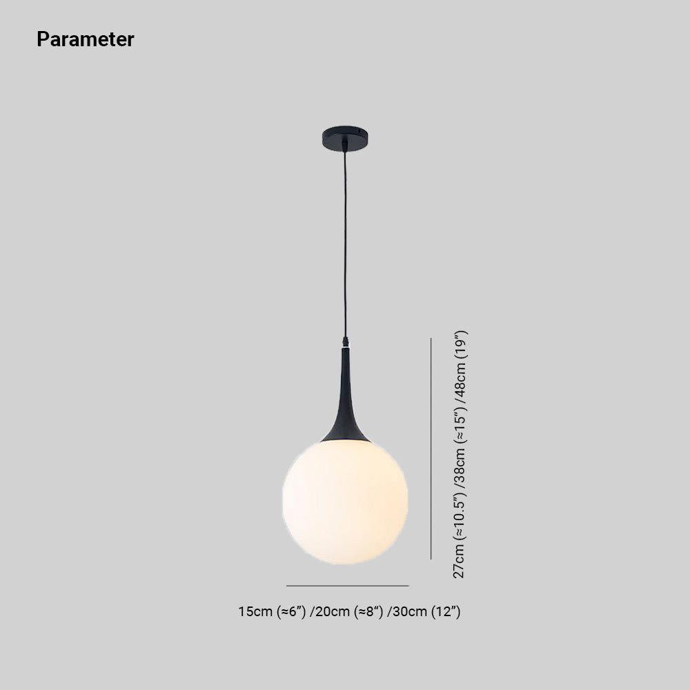 Valentina diagram: globe widths 15, 20 or 30 cm and neck-plus-globe heights 27, 38 or 48 cm; black cord and canopy above