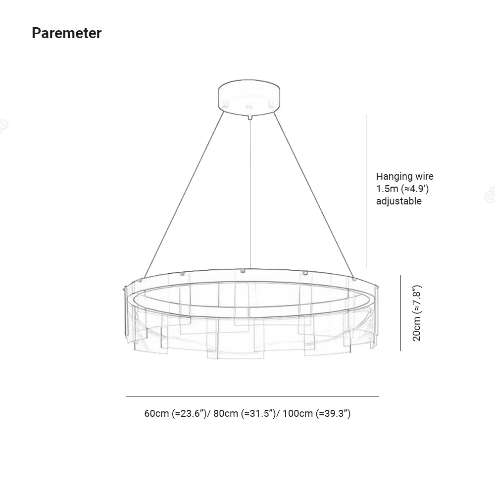 Evette diagram: 60, 80 or 100 cm diameter, 20 cm body height and 1.5 m adjustable hanging wire