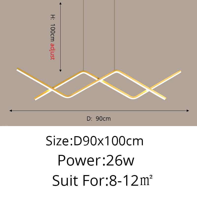 Gold Louise Polyline guide showing 90 cm span, 100 cm adjustable upper suspension, 26 W and an 8–12 m² room suggestion