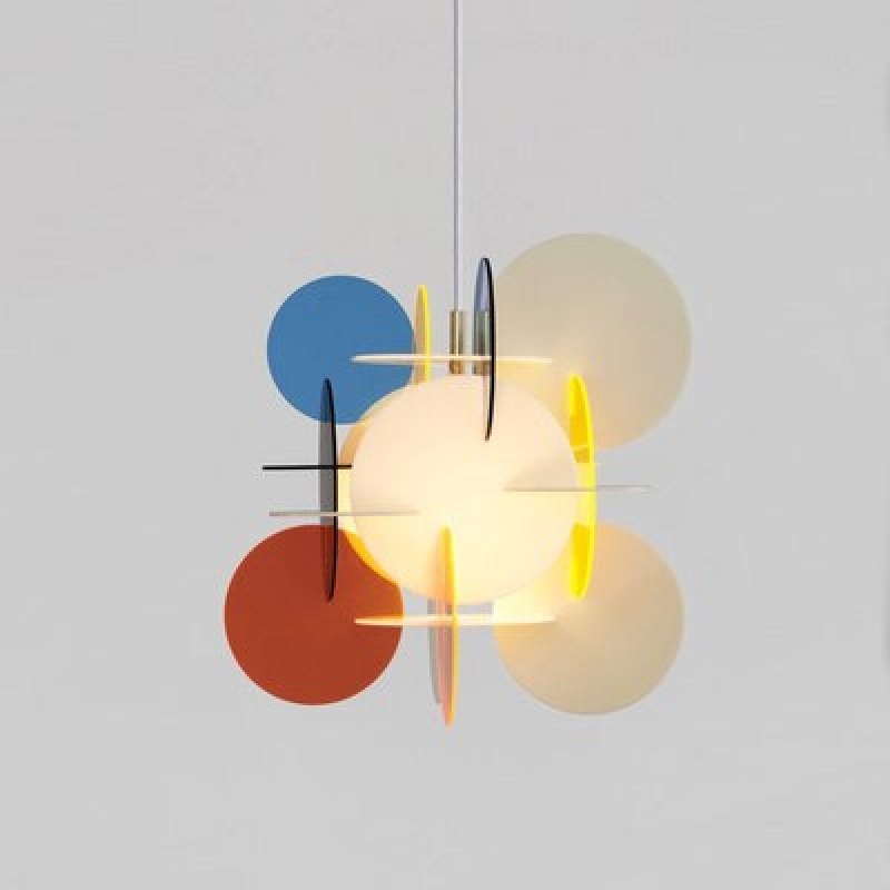 Morandi Yellow/Blue/Red pendant illuminated on pale gray, with the central disc and coloured side panels visible