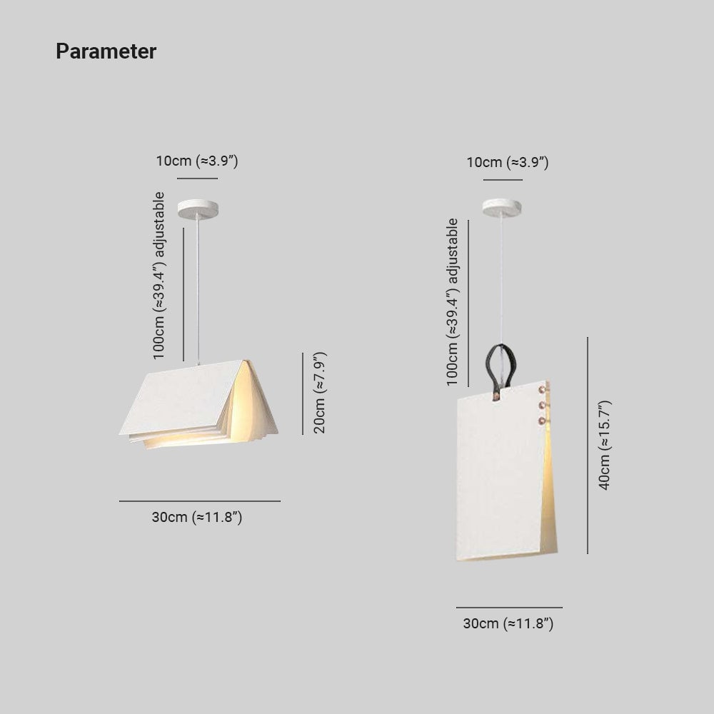 Sienna White guide: Book 30 cm wide and 20 cm shade height; upright style 30 cm wide and 40 cm outline pointer, with upper suspension shown