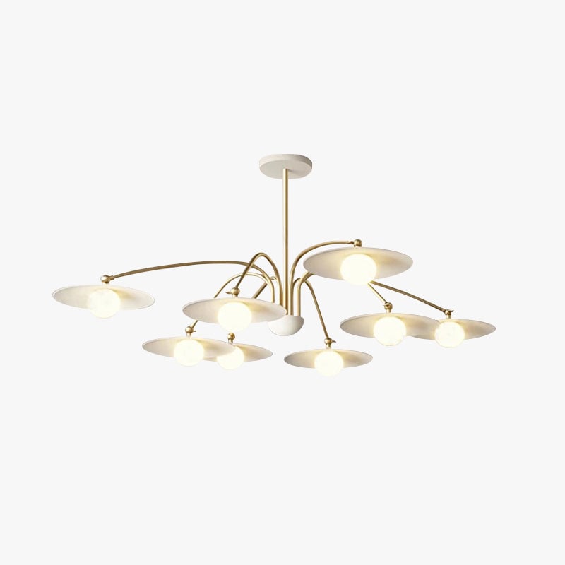 Eight-head Cairns pendant with illuminated globes, shallow white discs and curved gold-colour arms against white