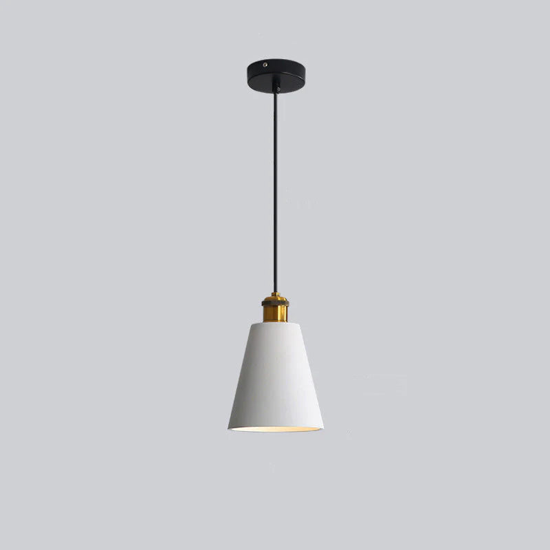 Light-coloured Morandi Style A tapered pendant on a black cord.