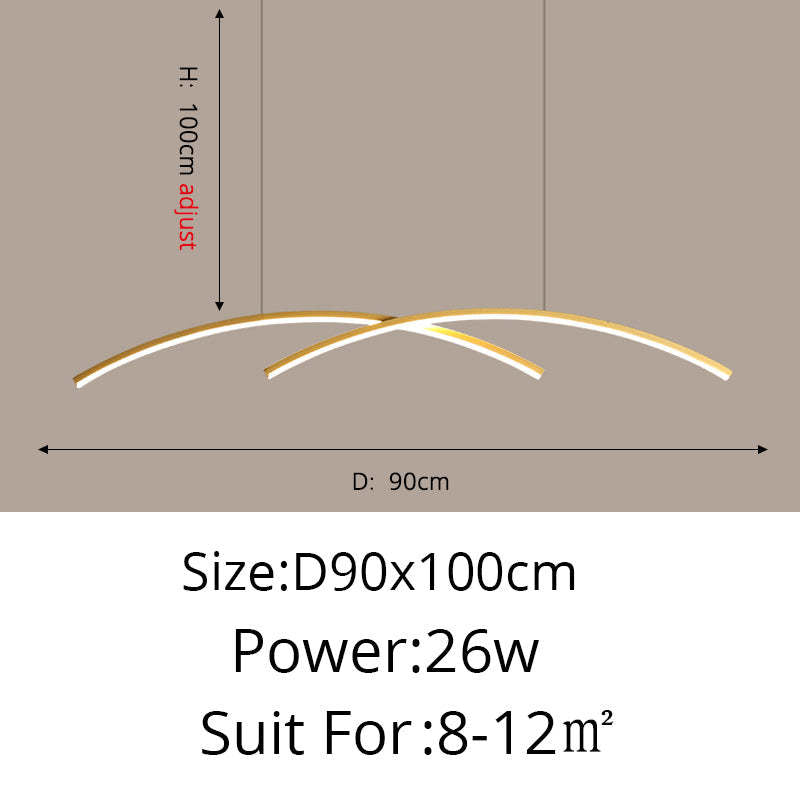 Gold Louise Curved Line guide showing 90 cm span, 100 cm adjustable upper suspension, 26 W and an 8–12 m² room suggestion