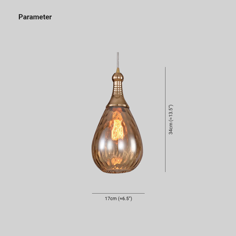 Avi teardrop pendant drawing showing 17 cm width and 34 cm fixture height