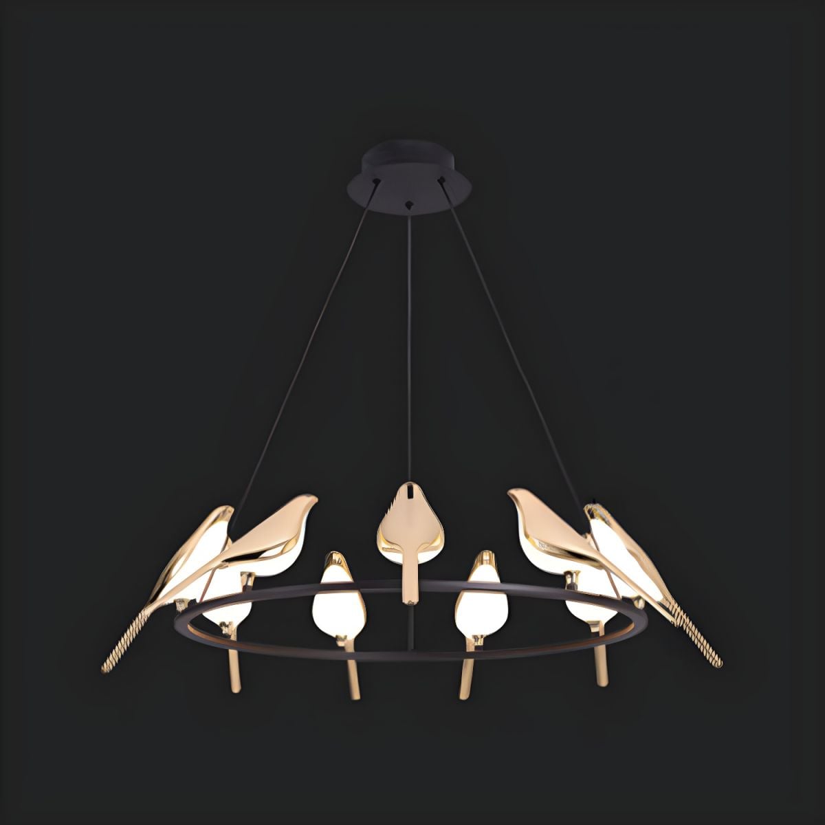 Illuminated birds around dark circular ring against black background