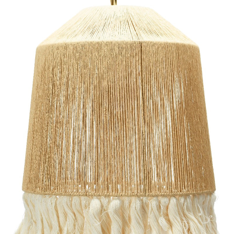Close view of tapered rope shade and pale fringe