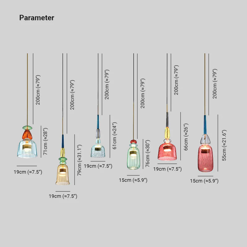 Chart comparing six glass pendant widths and decorated heights