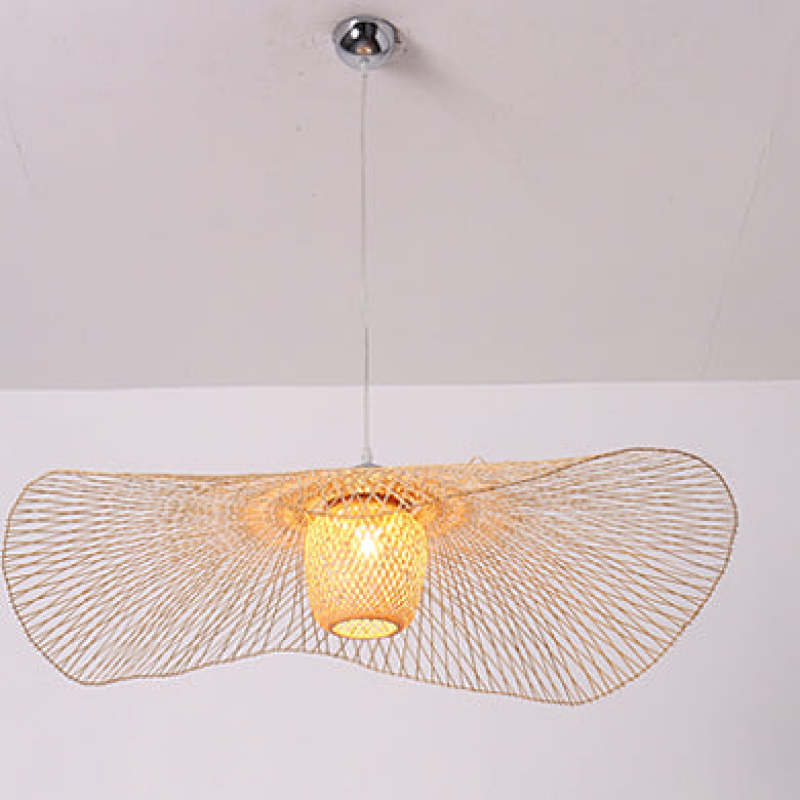 Lit wavy woven shade with central basket beneath a white cord and silver-tone ceiling canopy