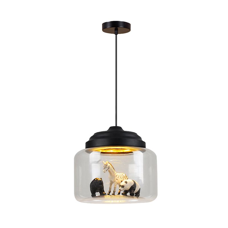 Leilani Black pendant with round canopy, suspension and glass animal display