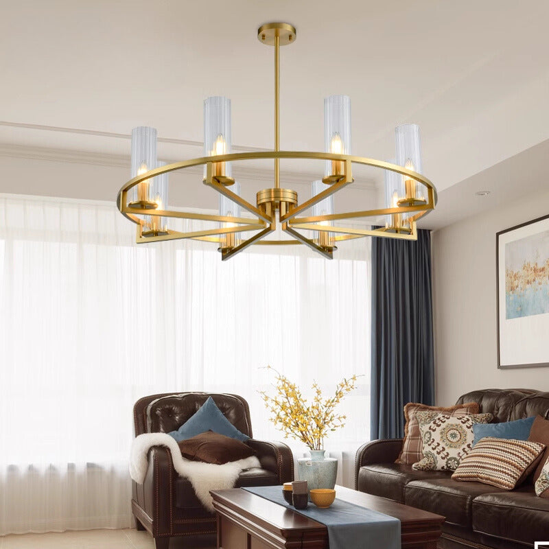 Eight-head glass ring pendant above living-room table