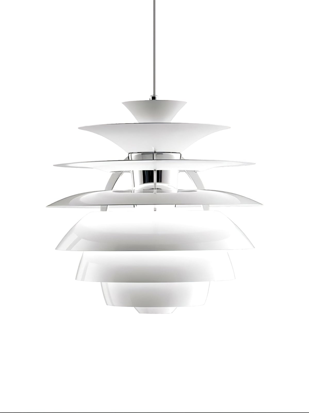 White Snowball pendant showing the layered circular shade and central supports