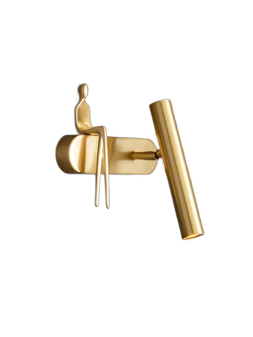 Brass-coloured wall light isolated on white with seated figure on the left and tilted tube on the right