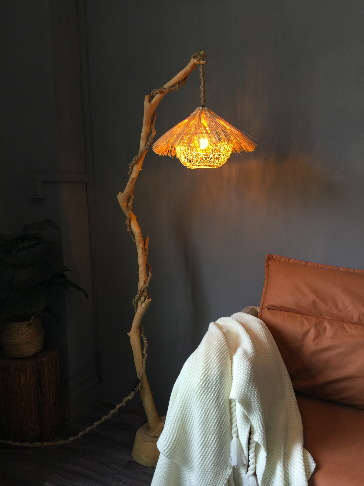 Rustic Rattan Wooden Birdcage Floor Lamp - Cueteks