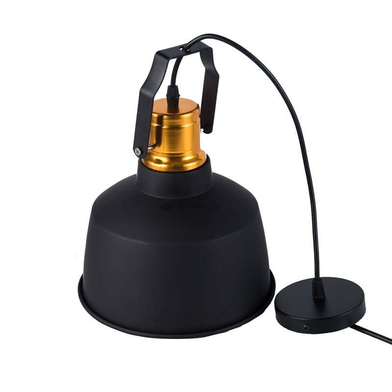 Black dome pendant laid on its side with curved black cord and round canopy at the right