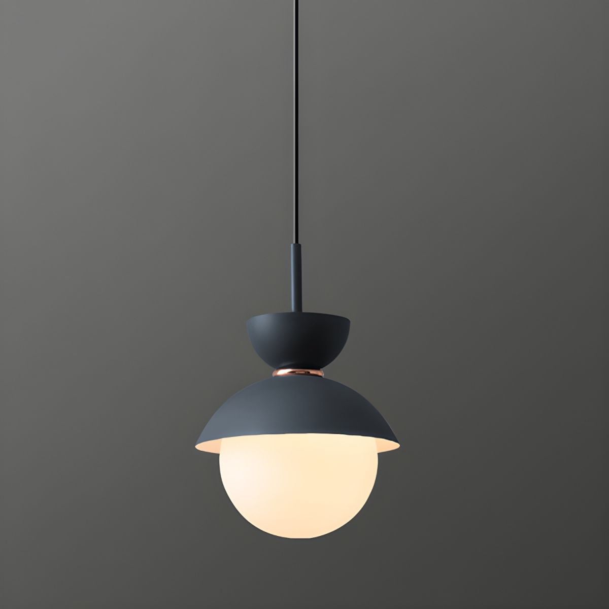 Dark blue metal cup and shade above white globe