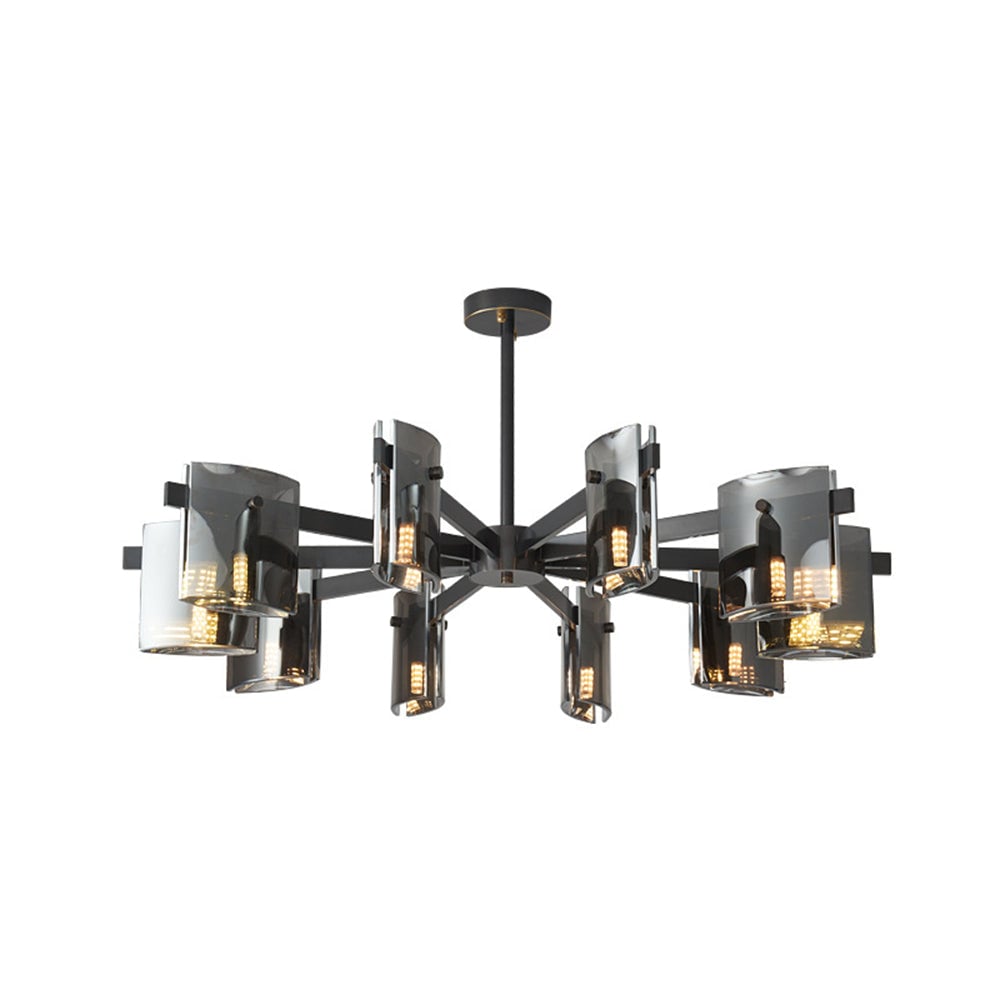 Isolated black pendant with a broad branching arrangement, grey curved glass shades and round canopy