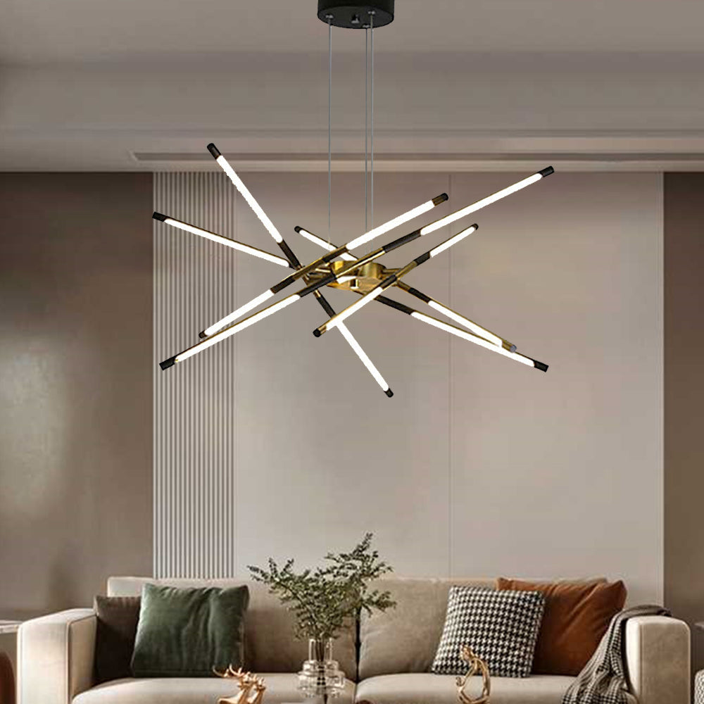 Black and Gold twelve-head Edge above cream sofa and mixed pillows, showing six crossed double-ended rods