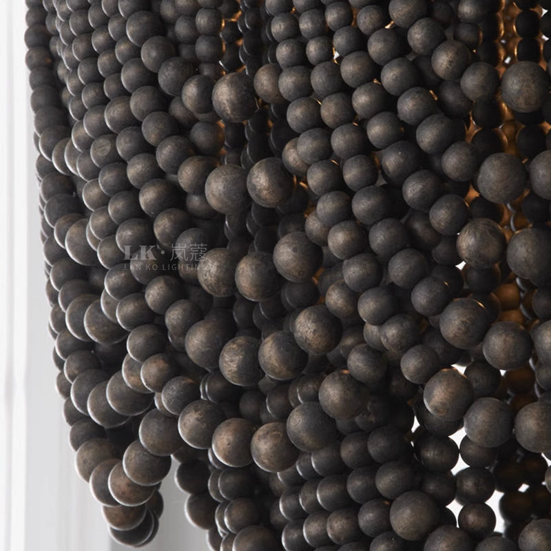 Close view of dark round wooden bead strands