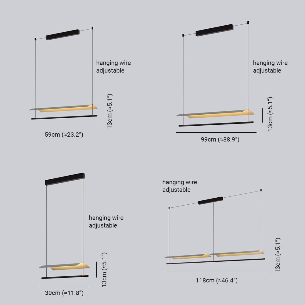 Edge dimension chart with 30, 59, 99 and 118 cm lengths, 13 cm fixture height and adjustable hanging wires
