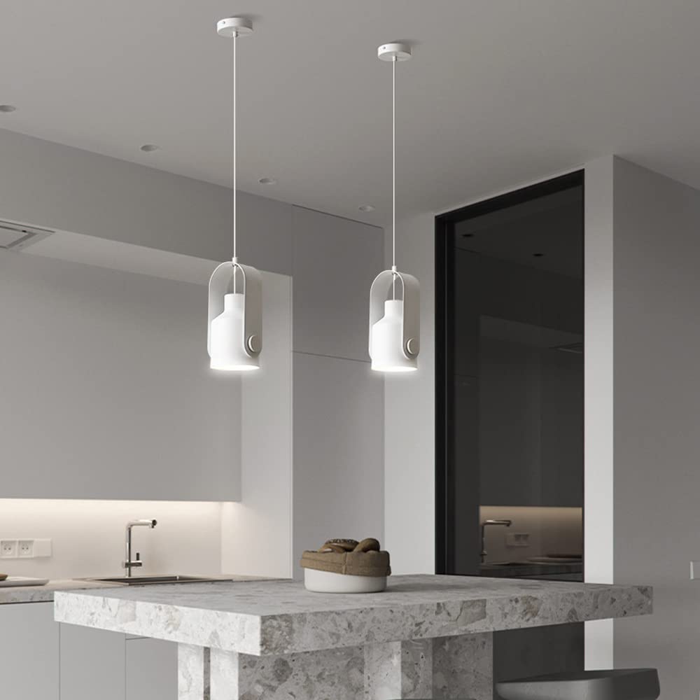 Two white directional pendants above kitchen counter