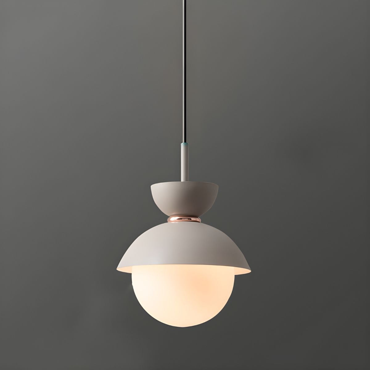 Gray metal cup and shade above white globe