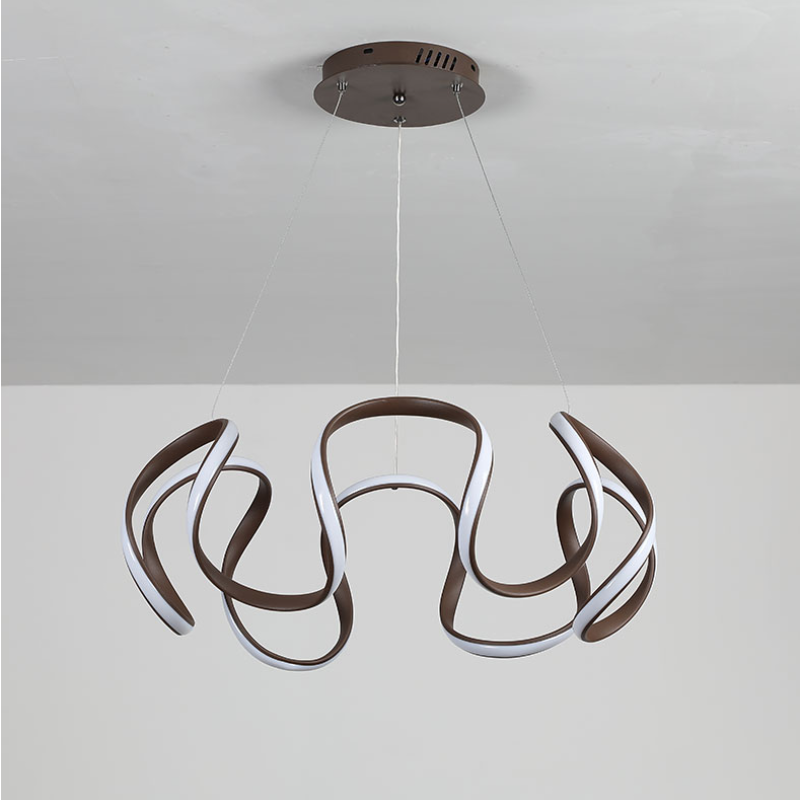 Coffee-brown sculptural ribbon pendant under round ceiling canopy