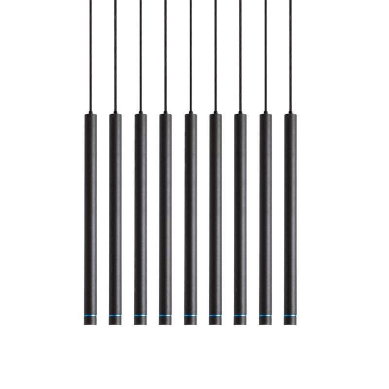 Isolated row of black Edge cylinders on individual cords with blue-looking rings and light at their lower ends