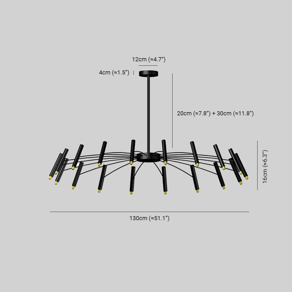 Black Evette angled-head diagram showing 130 cm span and a 12 by 4 cm canopy