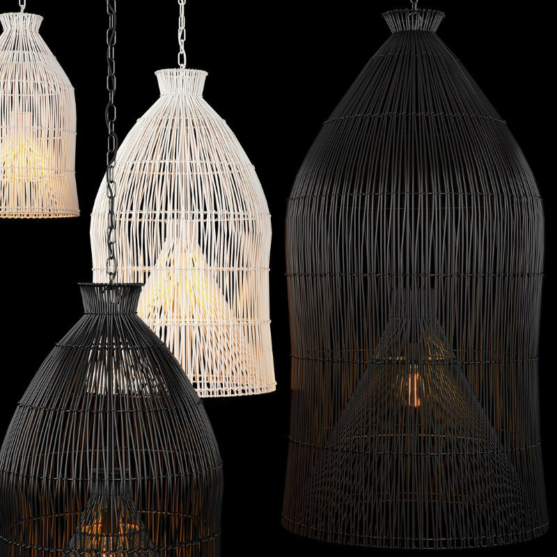 Close view of black and white woven pendant shades and chains