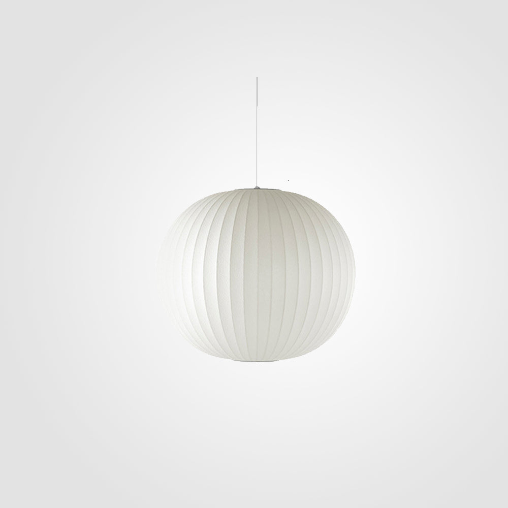 Single round white pleated globe pendant on plain background