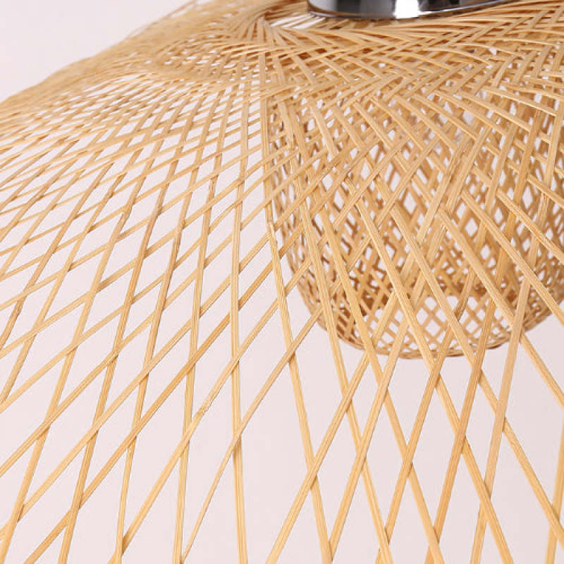 Close-up of flat crisscross woven strips around the broad curved shade and central basket