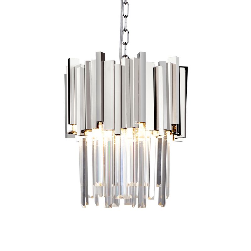 Chrome pendant with reflective vertical metal pieces and crystal rods