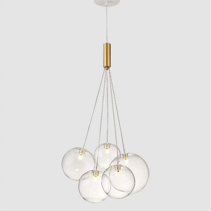 Valentina Transparent 5-bubble pendant isolated on pale gray, with a white canopy and clear globes
