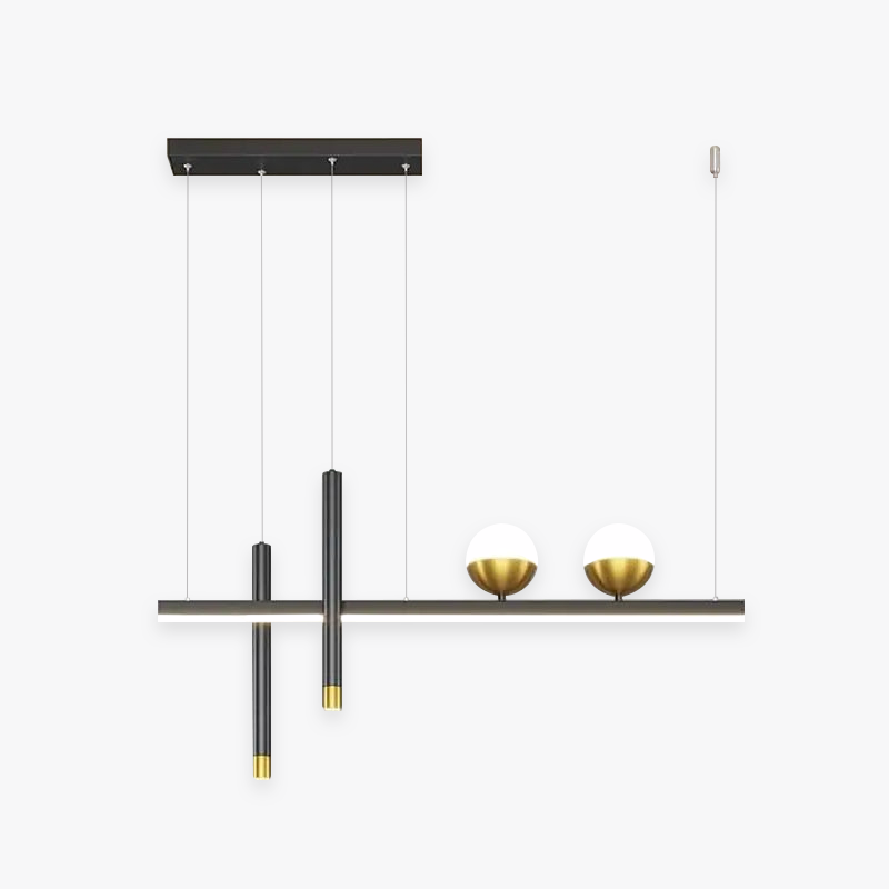 Madina linear pendant with staggered cylinders and two globes on the right.