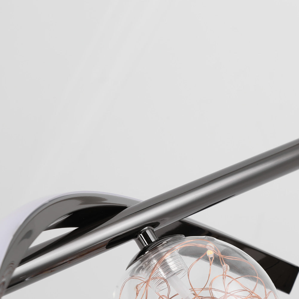 Black bar, curved white light strip and globe mount close-up