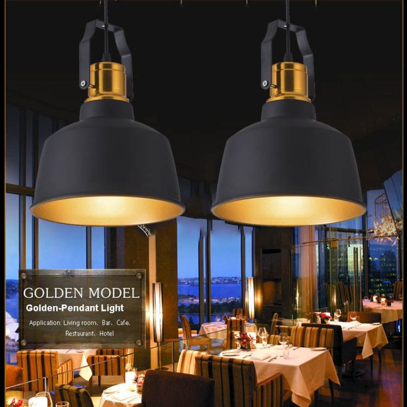 Promotional composite of black dome pendants above a restaurant with striped chairs and white tablecloths