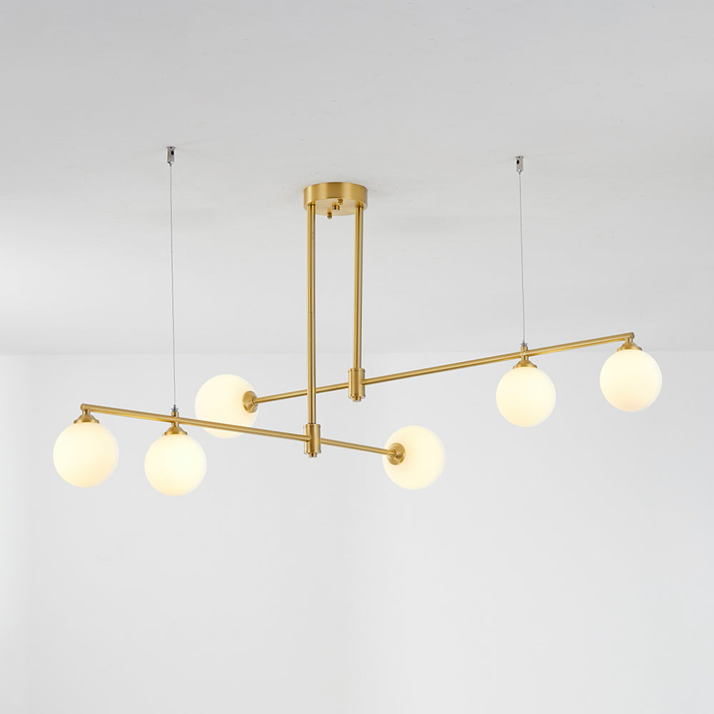 Angled lit Valentina six-globe pendant with offset gold bars, round canopy, two vertical rods and separate auxiliary ceiling anchors
