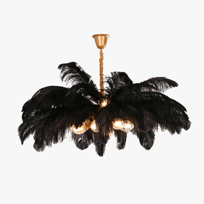 Black O'Moore option with broad black feather layers, lit globes beneath and gold-toned cup canopy